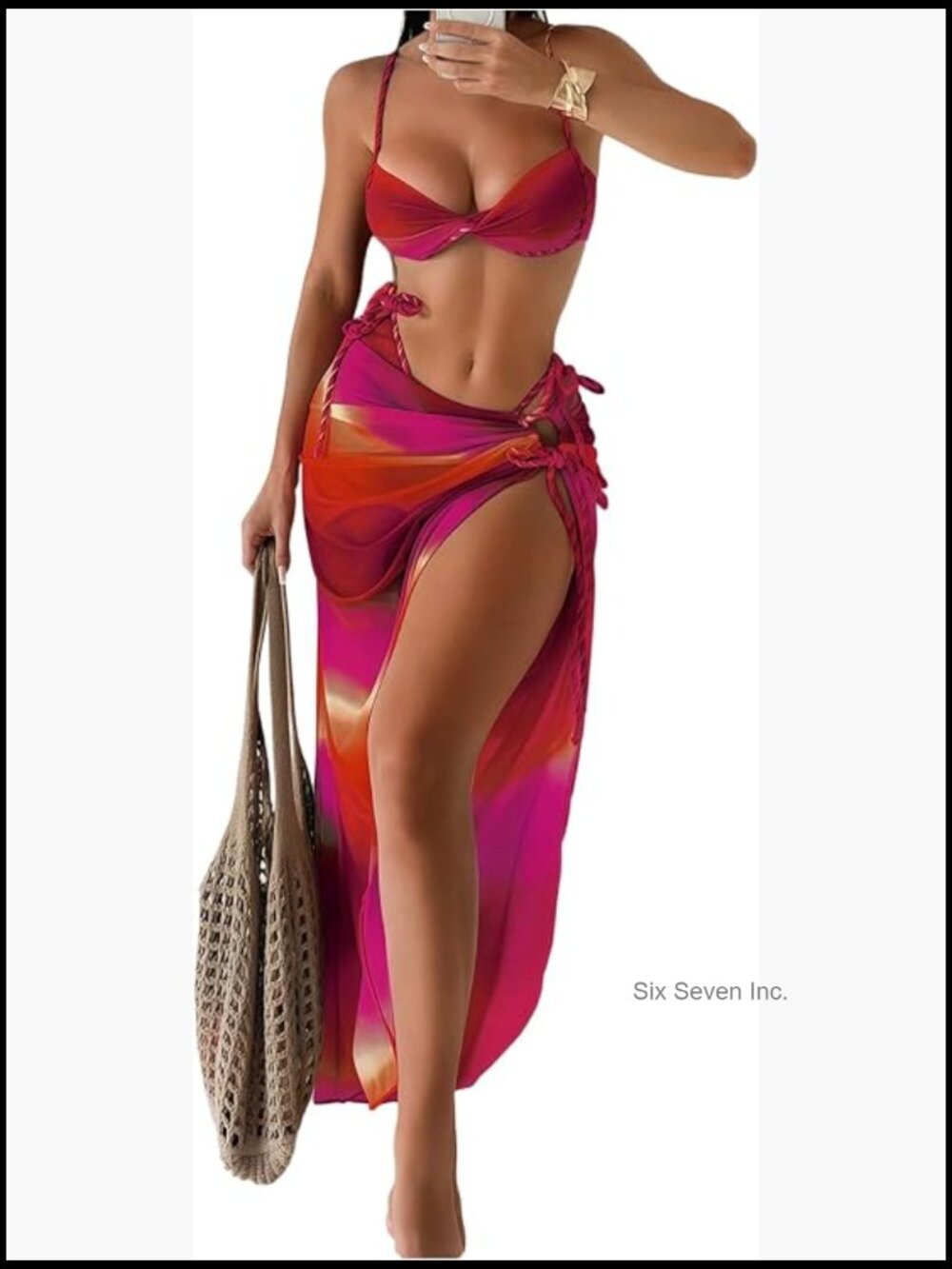 3 Piece Bikini Set with Twist Front Ruched Top and Split Beach Skirt